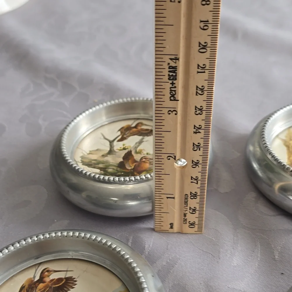 Vintage Set Of 4 Fred Sweney Coasters Birds Fish Metal Glass Barware Rustic